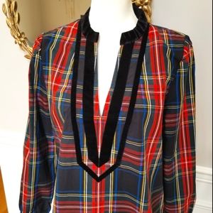 🆕J Crew Velvet tunic Black Stewart Tartan Plaid